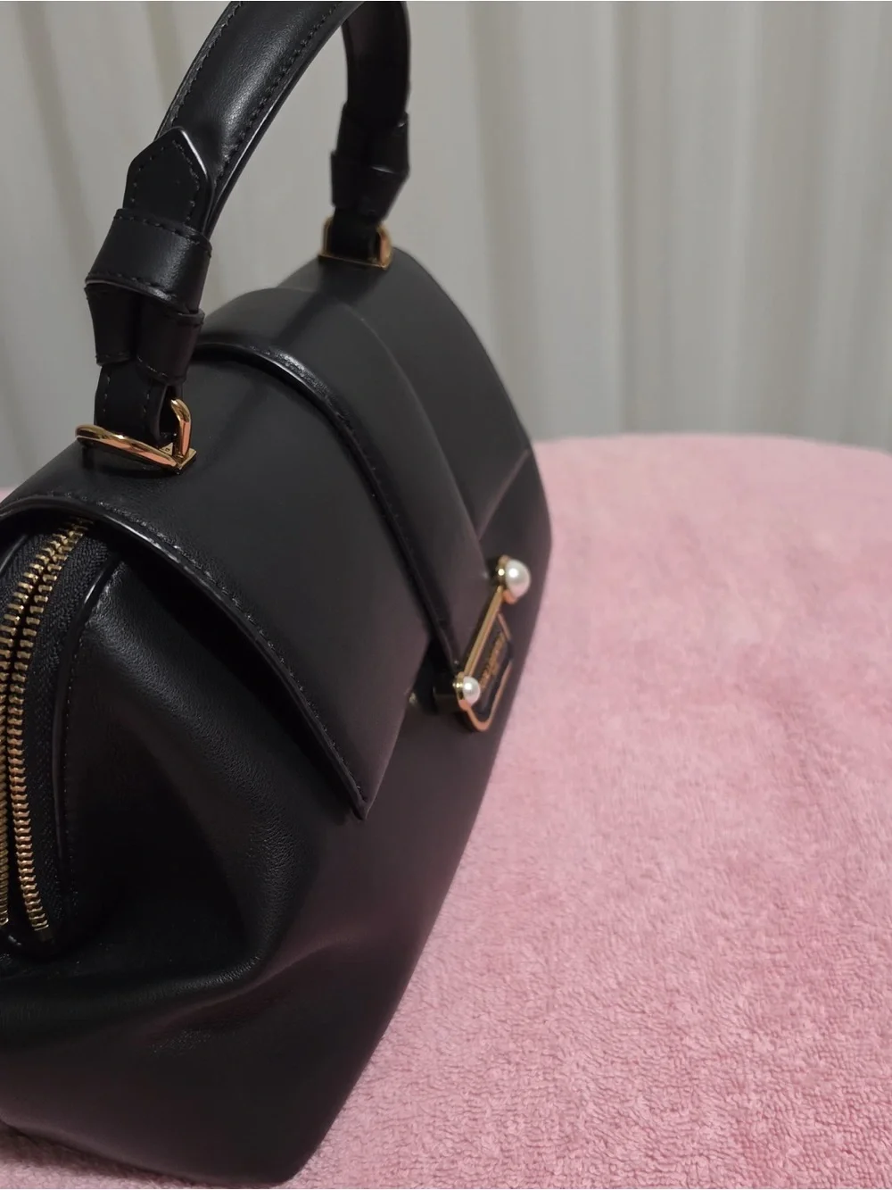 Karl Lagerfeld Black Leather Satchel with Pearl and Gold Accents - Picture 2 of 13